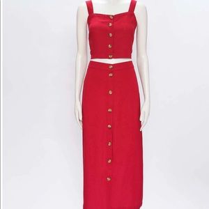 Loft Linen Two Piece Top & Skirt Red M